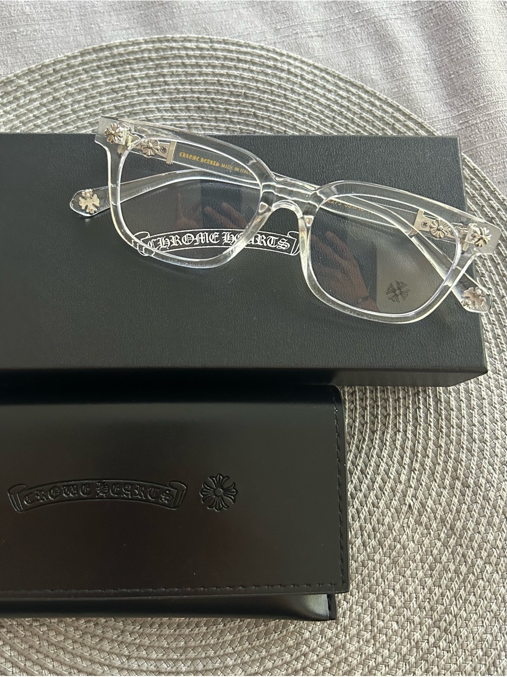 Chrome Hearts Clear Transparent Acetate Glasses with Silver Flower Accents